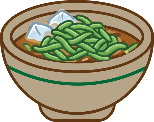 Semangkuk es cendol Abah Toto dengan cendol hijau dan es batu